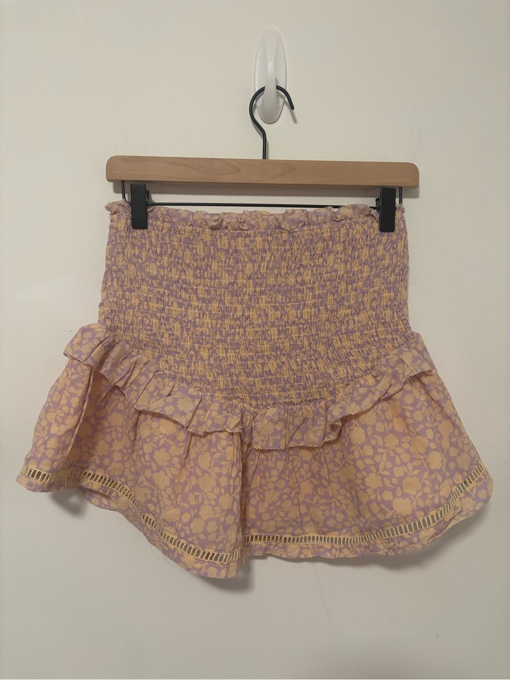 Olivaceous smocked high waisted tiered floral skirt